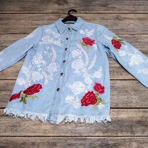 Indigo Moon Embroidered Floral Denim Shirt Women Size S Fits M Boho Jacket
